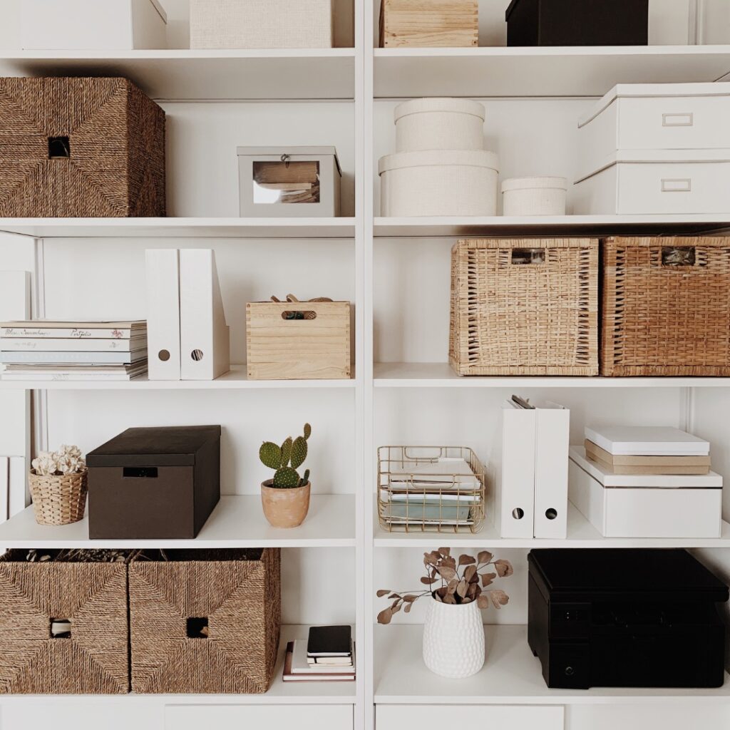 Calm, organised shelving with labelled storage baskets